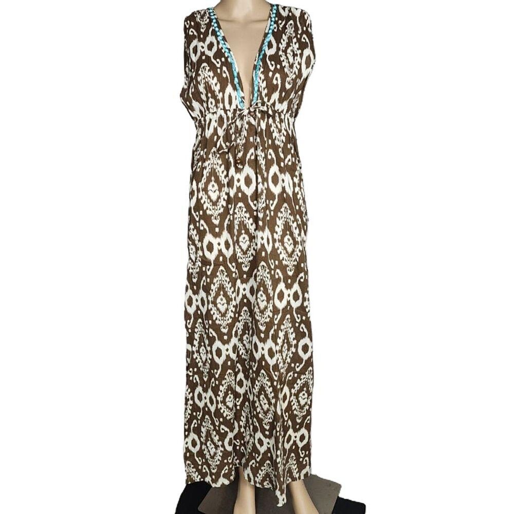 Vintag PJ Salvage Ikat Maxi Coverup Dress Turquoise Bead -Small Empire Waist